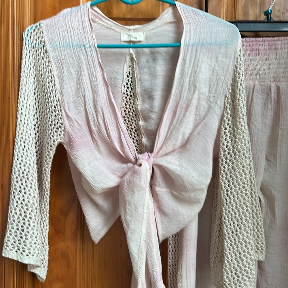 Elan Pink and White Wide Leg crochet Pants Set - Picture 2 of 9